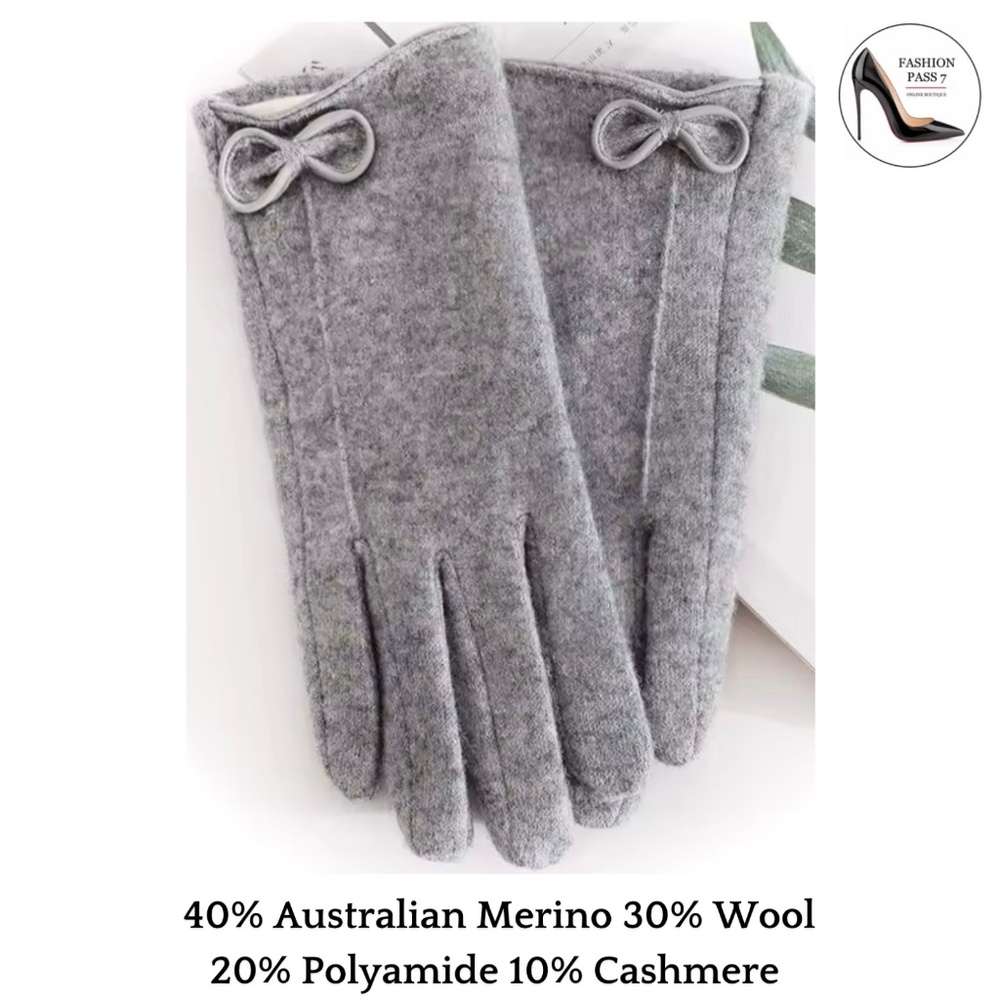 Luxury Cashmere Merino Wool Gloves Classic Grey Driving Winter mittens with bow